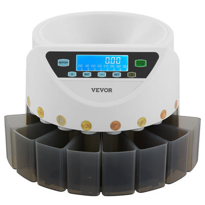 EURO Coin Sorter, Coin Counter Machine for 8 Kinds of Euro Coins, Coin Sorter and Wrapper Machine Holds up to 850 Coins, Large LCD Display Coin Storage Included 5 Coin Tubes and Boxes