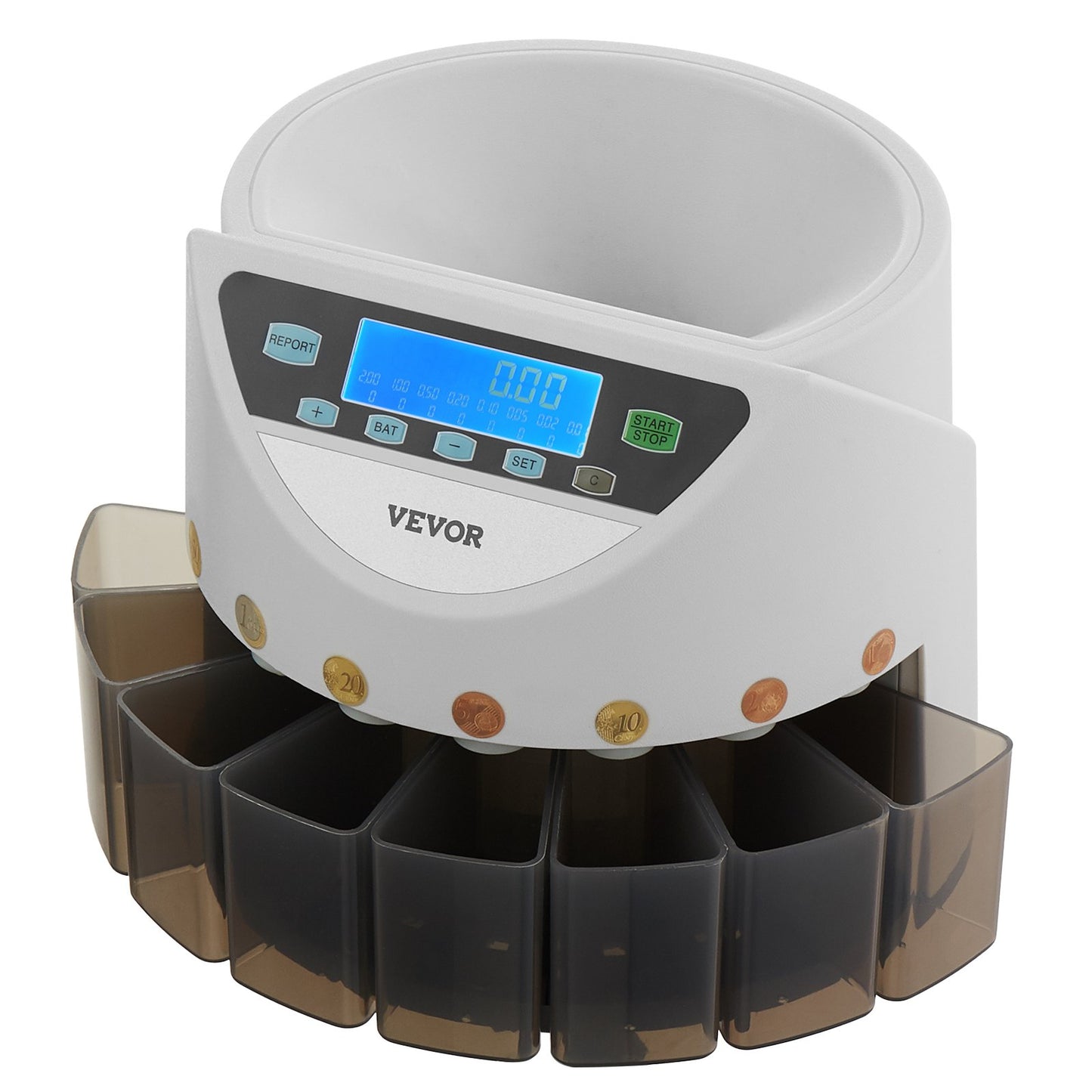 EURO Coin Sorter, Coin Counter Machine for 8 Kinds of Euro Coins, Coin Sorter and Wrapper Machine Holds up to 850 Coins, Large LCD Display Coin Storage Included 5 Coin Tubes and Boxes