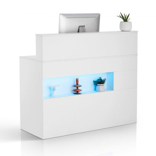 Reception Desk, 47.24 x 18.7 x 39.37 in Rectangular Front Counter Table, Office Reception Desk with LED Light, 2 Drawers and Power Outlets, for Checkout, Lobby, Beauty Salon and Office, White