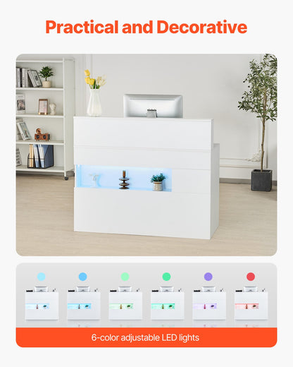 Reception Desk, 47.24 x 18.7 x 39.37 in Rectangular Front Counter Table, Office Reception Desk with LED Light, 2 Drawers and Power Outlets, for Checkout, Lobby, Beauty Salon and Office, White