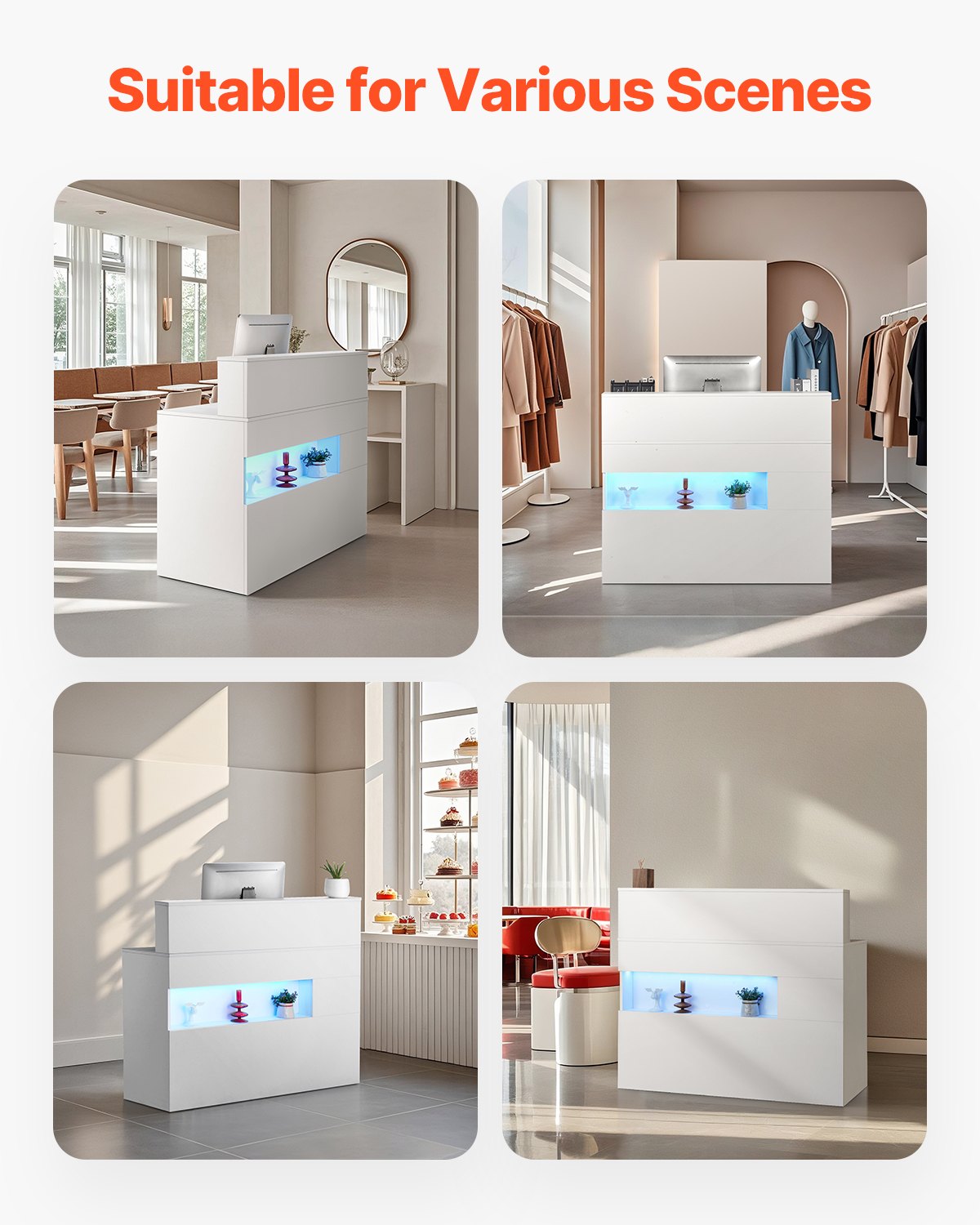 Reception Desk, 47.24 x 18.7 x 39.37 in Rectangular Front Counter Table, Office Reception Desk with LED Light, 2 Drawers and Power Outlets, for Checkout, Lobby, Beauty Salon and Office, White