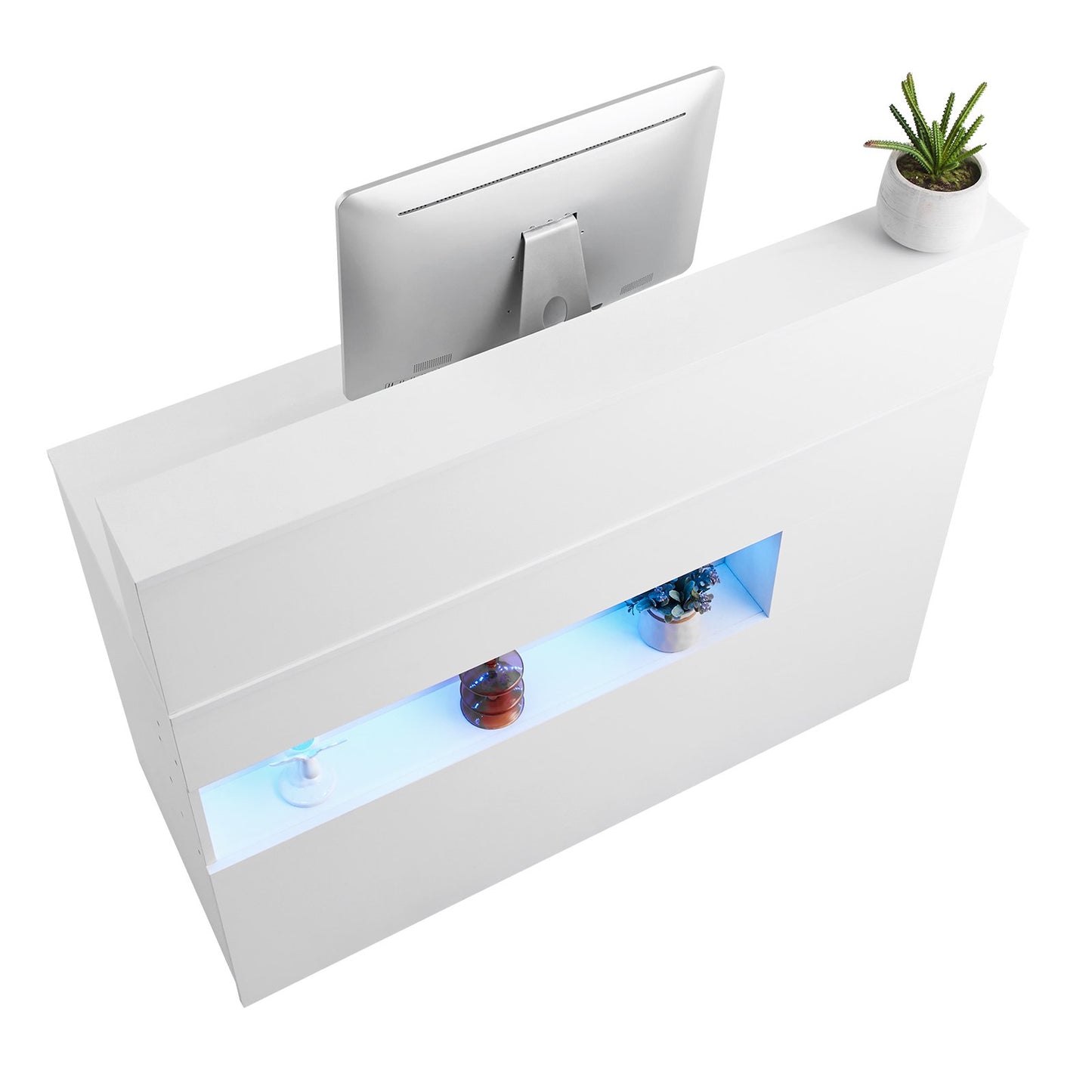 Reception Desk, 47.24 x 18.7 x 39.37 in Rectangular Front Counter Table, Office Reception Desk with LED Light, 2 Drawers and Power Outlets, for Checkout, Lobby, Beauty Salon and Office, White