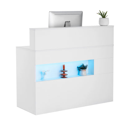 Reception Desk, 47.24 x 18.7 x 39.37 in Rectangular Front Counter Table, Office Reception Desk with LED Light, 2 Drawers and Power Outlets, for Checkout, Lobby, Beauty Salon and Office, White