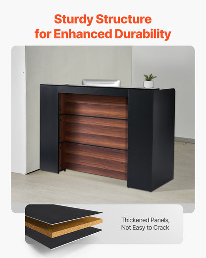 Rechteckiger Empfangstresen, 160 x 60 x 111 cm (62,99 x 23,62 x 43,70 Zoll), mit LED-Beleuchtung, für Kasse, Lobby, Schönheitssalon und Büro, Schwarz &amp; Braun