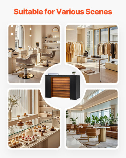 Rechteckiger Empfangstresen, 160 x 60 x 111 cm (62,99 x 23,62 x 43,70 Zoll), mit LED-Beleuchtung, für Kasse, Lobby, Schönheitssalon und Büro, Schwarz &amp; Braun