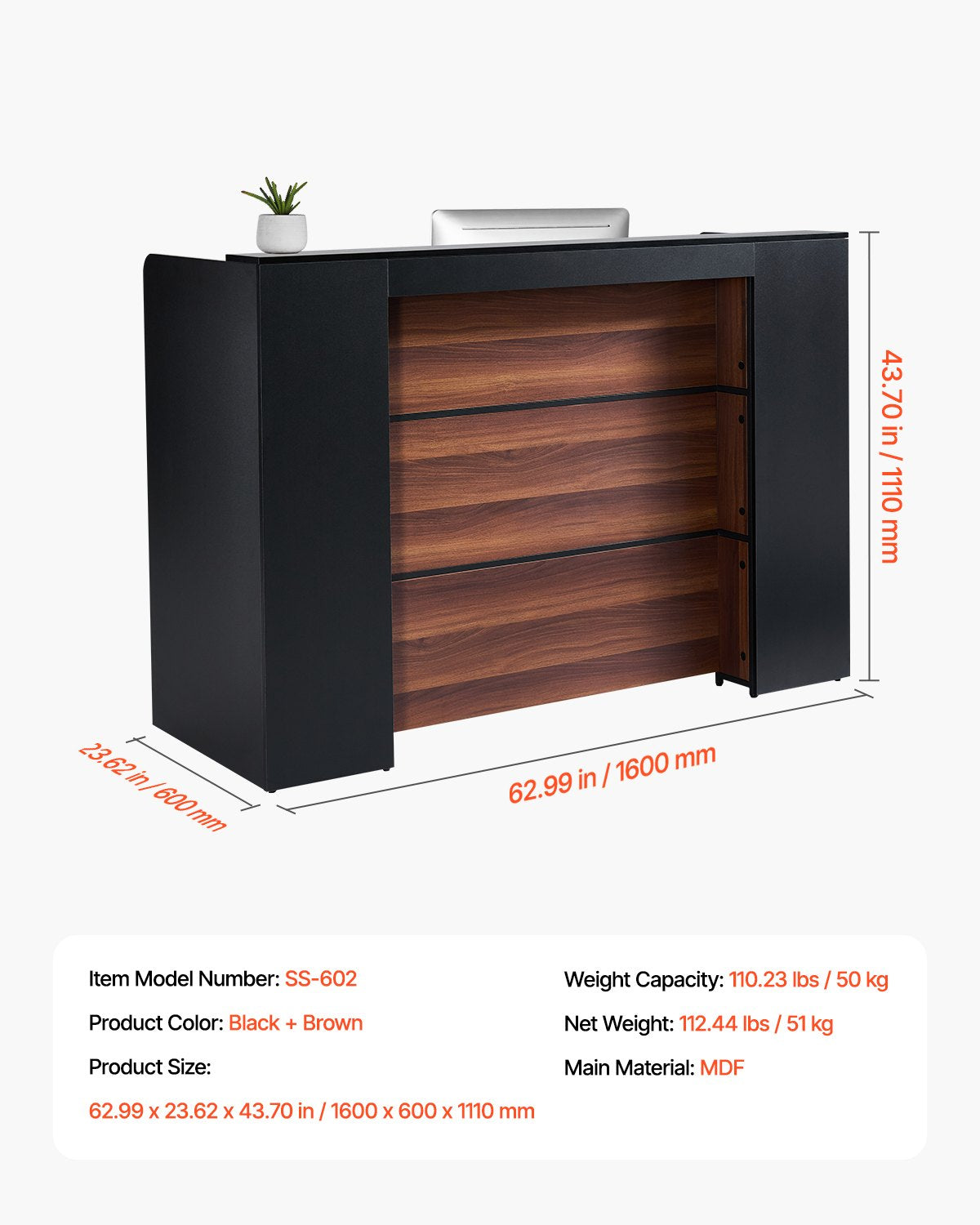 Rechteckiger Empfangstresen, 160 x 60 x 111 cm (62,99 x 23,62 x 43,70 Zoll), mit LED-Beleuchtung, für Kasse, Lobby, Schönheitssalon und Büro, Schwarz &amp; Braun