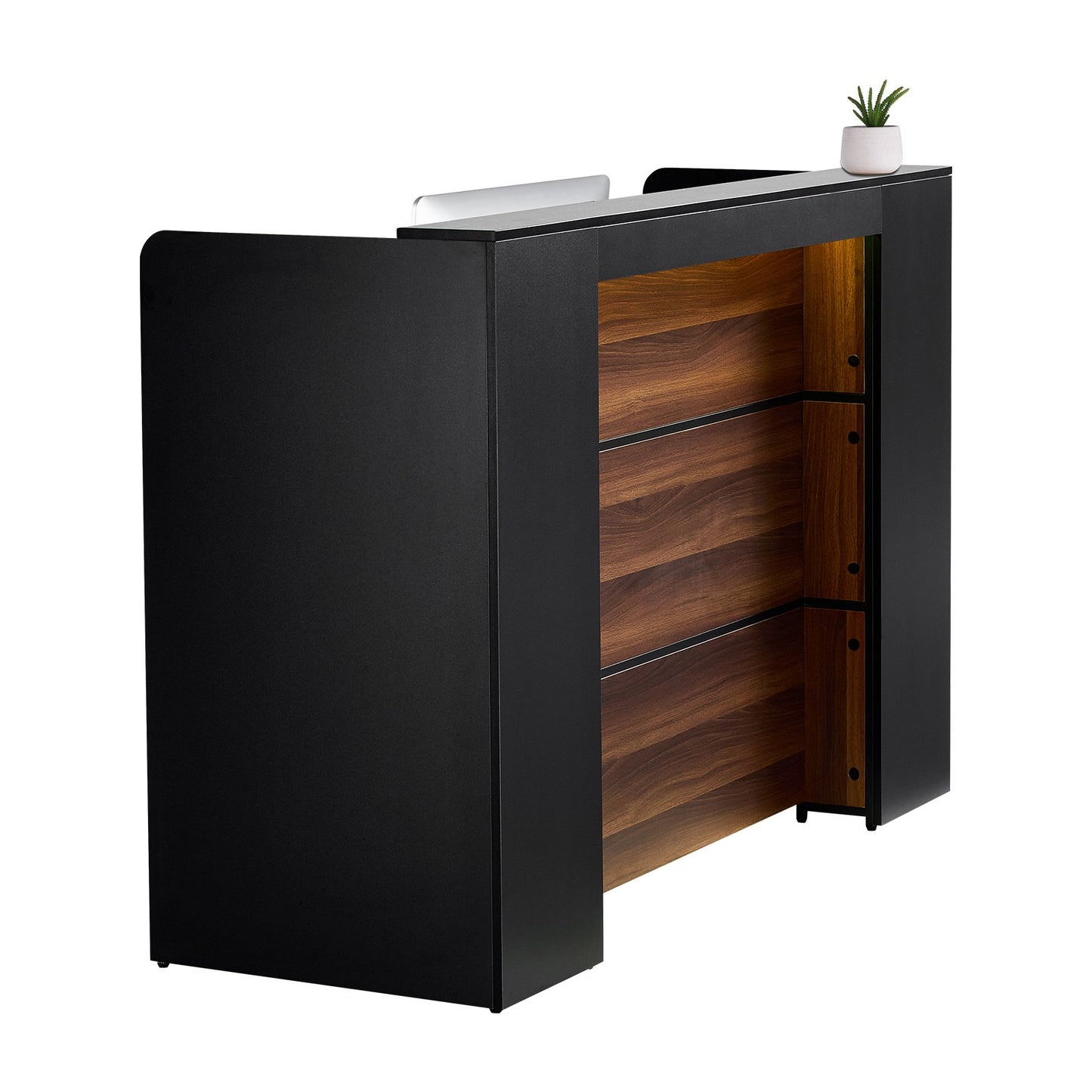 Rechteckiger Empfangstresen, 160 x 60 x 111 cm (62,99 x 23,62 x 43,70 Zoll), mit LED-Beleuchtung, für Kasse, Lobby, Schönheitssalon und Büro, Schwarz &amp; Braun
