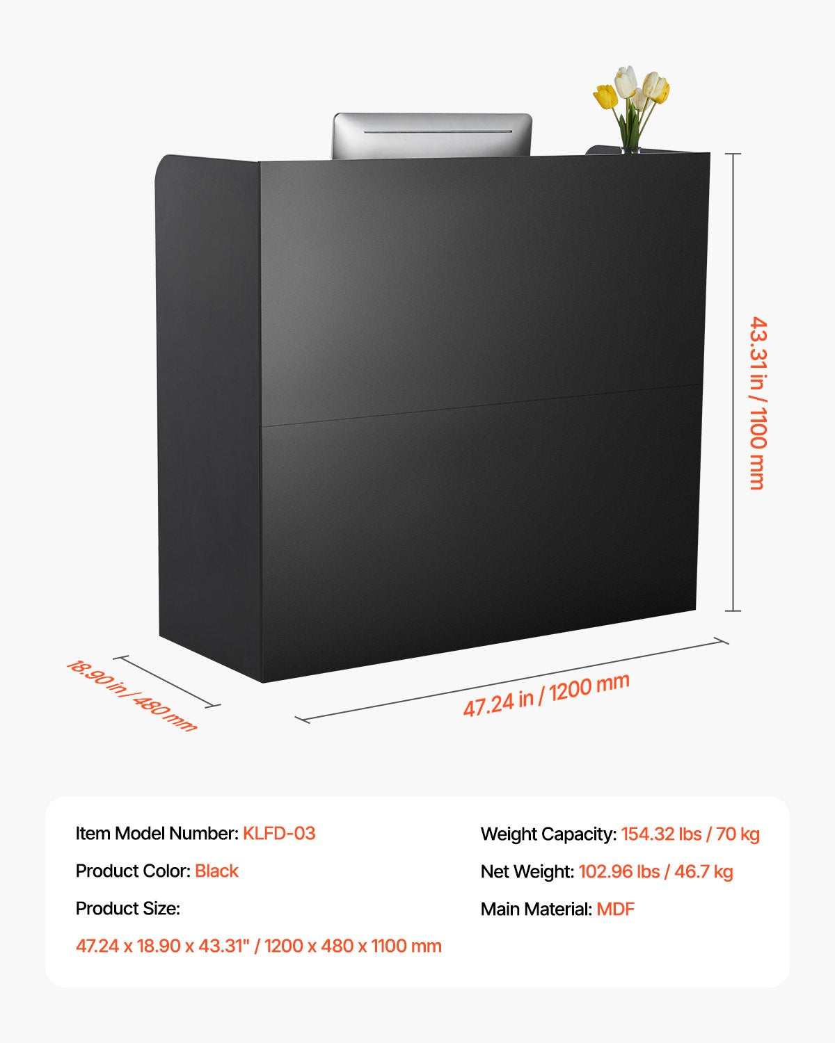 Rechteckiger Empfangstresen, 120 x 48 x 100 cm, mit abschließbarer Schublade und Schrank, für Kasse, Lobby, Schönheitssalon und Büro, Schwarz