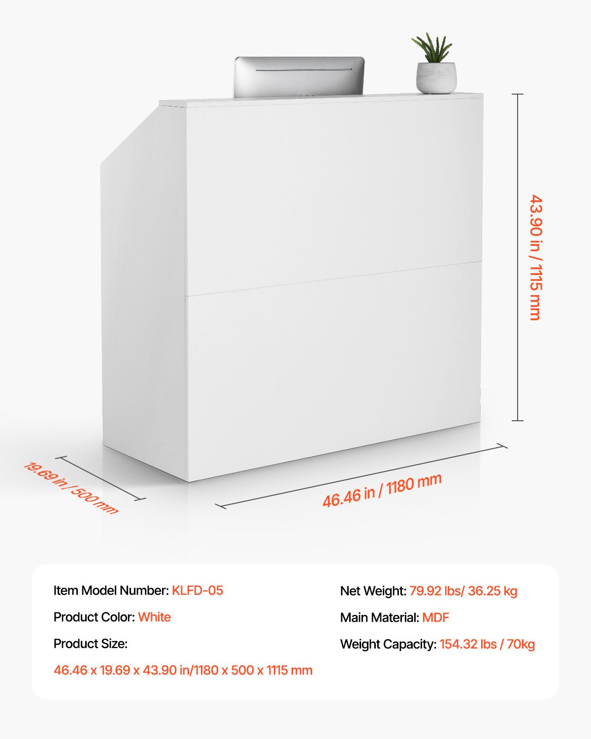 Rechteckiger Empfangstresen, 118 x 50 x 112 cm (46,46 x 19,69 x 43,90 Zoll), geeignet für Büros, Einzelhandel und Kassenbereiche, Lobbys, Schönheitssalons und Büros, weiß