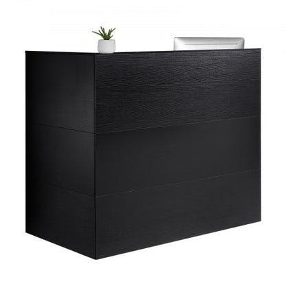 Empfangstresen, 140 x 80 x 120 cm (55,12 x 31,50 x 47,24 Zoll), L-förmiger Empfangstresen mit Schublade, Tastaturablage und Schrank, für Kasse, Lobby, Schönheitssalon und Büro, Schwarz