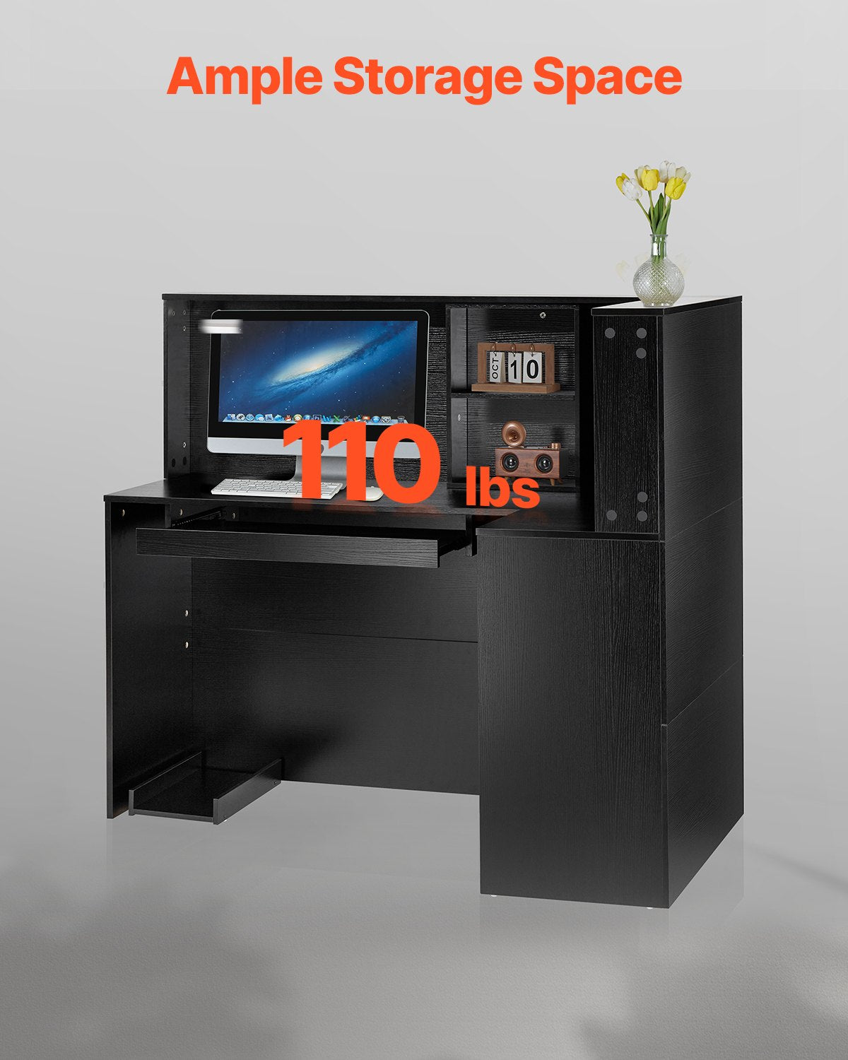 Empfangstresen, 140 x 80 x 120 cm (55,12 x 31,50 x 47,24 Zoll), L-förmiger Empfangstresen mit Schublade, Tastaturablage und Schrank, für Kasse, Lobby, Schönheitssalon und Büro, Schwarz
