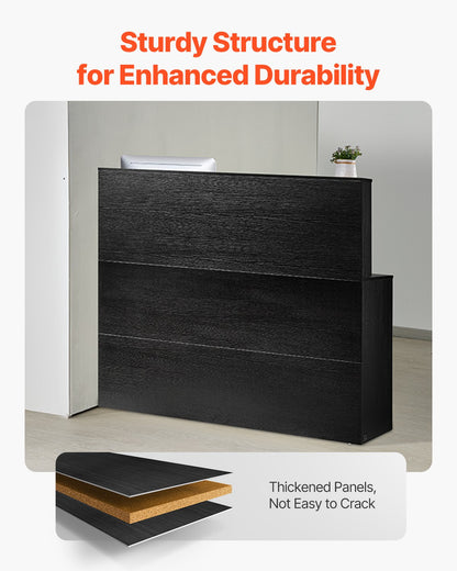 Empfangstresen, 140 x 80 x 120 cm (55,12 x 31,50 x 47,24 Zoll), L-förmiger Empfangstresen mit Schublade, Tastaturablage und Schrank, für Kasse, Lobby, Schönheitssalon und Büro, Schwarz