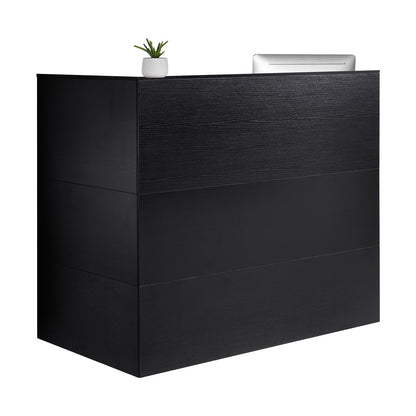 Empfangstresen, 140 x 80 x 120 cm (55,12 x 31,50 x 47,24 Zoll), L-förmiger Empfangstresen mit Schublade, Tastaturablage und Schrank, für Kasse, Lobby, Schönheitssalon und Büro, Schwarz