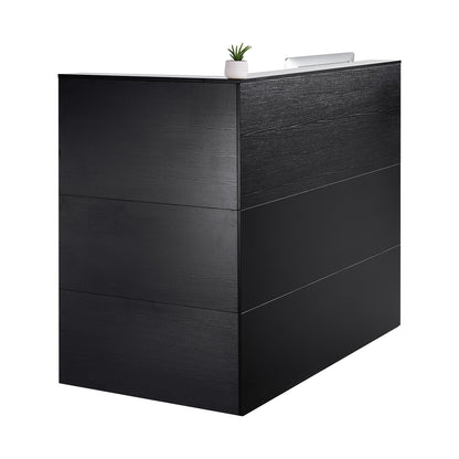 Empfangstresen, 140 x 80 x 120 cm (55,12 x 31,50 x 47,24 Zoll), L-förmiger Empfangstresen mit Schublade, Tastaturablage und Schrank, für Kasse, Lobby, Schönheitssalon und Büro, Schwarz