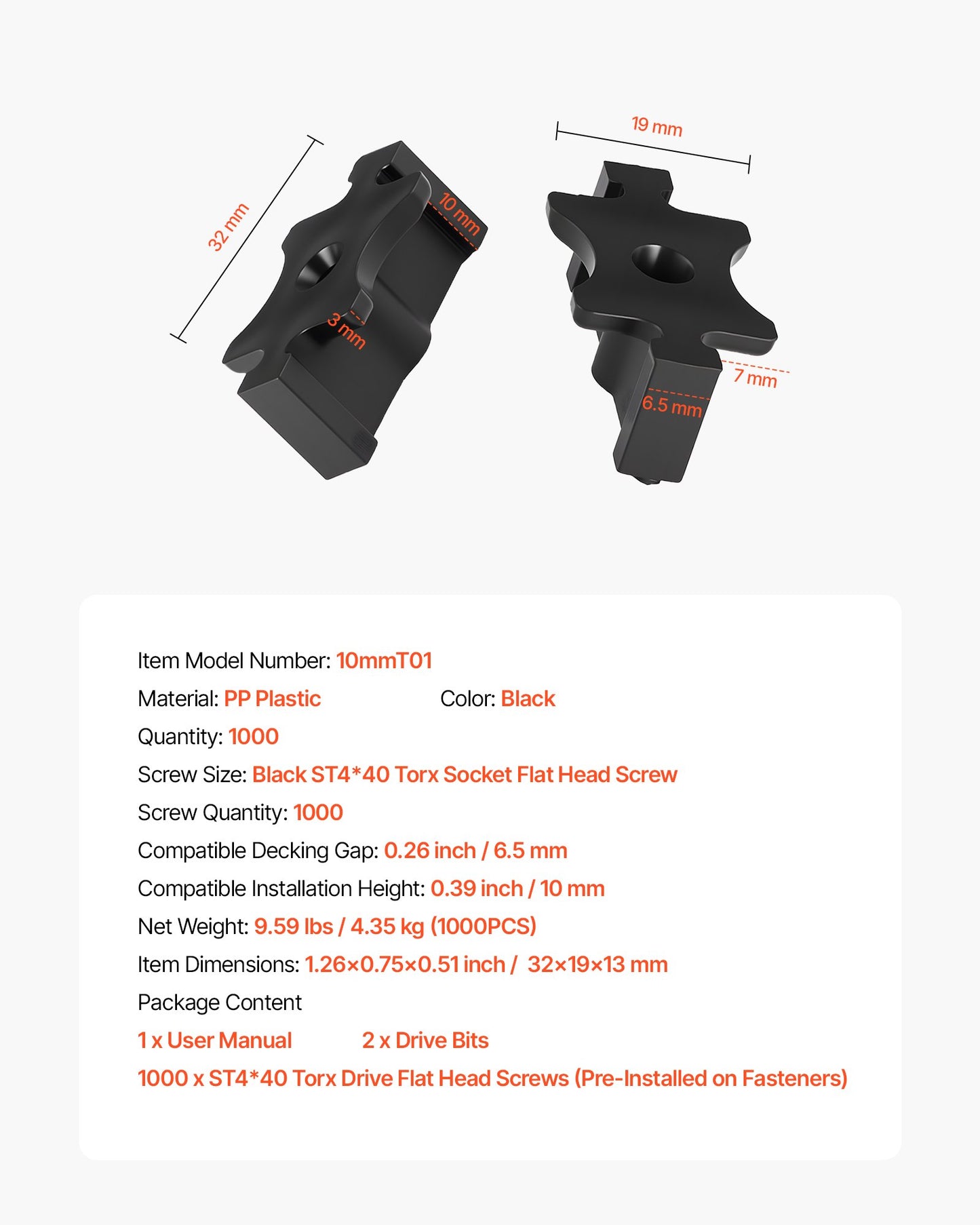 1000PCS Hidden Deck Fasteners for Composite Decking Board, Universal Composite T Clips & Plastic Hidden Fasteners with Metal Screws,Polypropylene PP Clips Works with 6.5 mm Gaps, Black