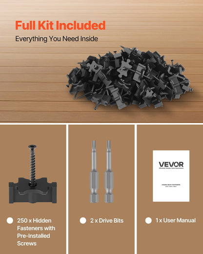 250PCS Hidden Deck Fasteners for Composite Decking Board, Universal Composite T Clips & Plastic Hidden Fasteners with Metal Screws,Polypropylene PP Clips Works with 6.5 mm Gaps, Black