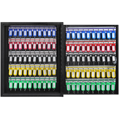 Schlüsselschrank für 100 Schlüssel, Schlüsseltresor mit verstellbaren Halterungen, Sicherheits-Schlüsselaufbewahrungsbox aus Stahl, Schlüsselorganizer mit 100 farbigen Schlüsselanhängern und 2 Karteikarten für Schule, Büro und Hotel