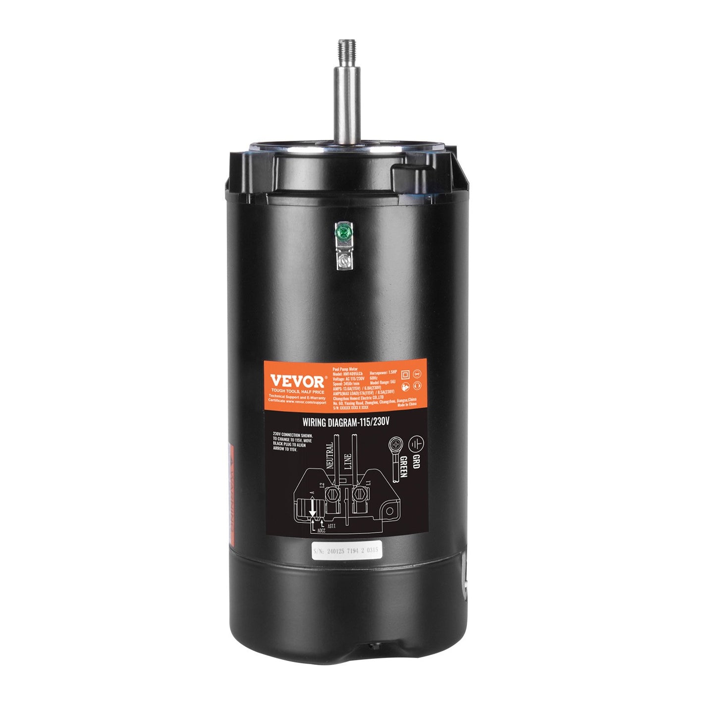 1,5 PS Poolpumpenmotor, Baugröße 56J, 115 V (13,6 A)/230 V (6,8 A), 3450 U/min, 60 Hz, Betriebsfaktor 1,3, 90 µF/250 V Kondensator, gegen den Uhrzeigersinn drehender Rundflanschmotor