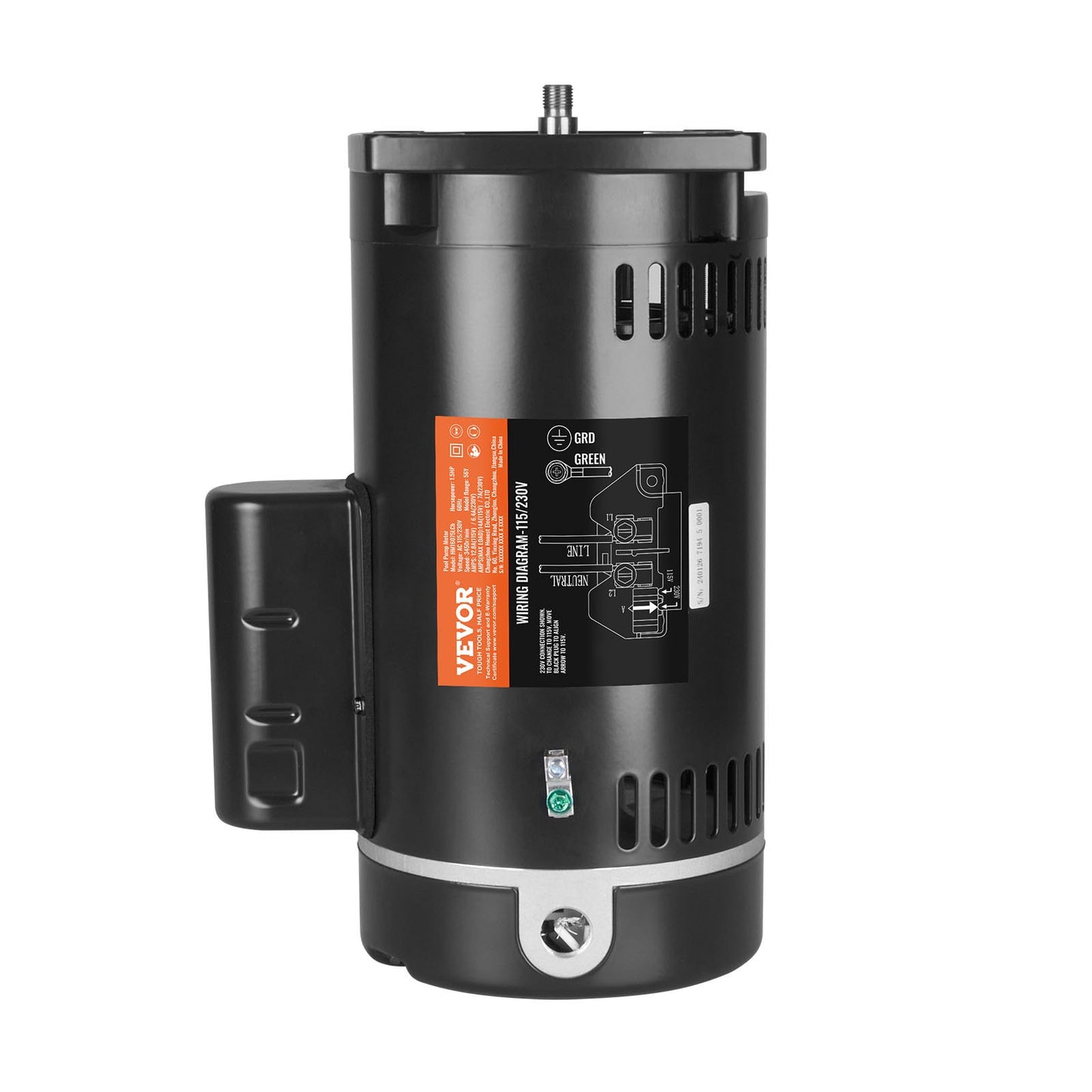 1,5 PS Poolpumpenmotor, Baugröße 56Y, 115 V (12,8 A) / 230 V (6,4 A), 3450 U/min, 60 Hz, Betriebsfaktor 1,1, 90 µF/250 V Kondensator, gegen den Uhrzeigersinn drehend, Vierkantflansch-Ersatzmotor