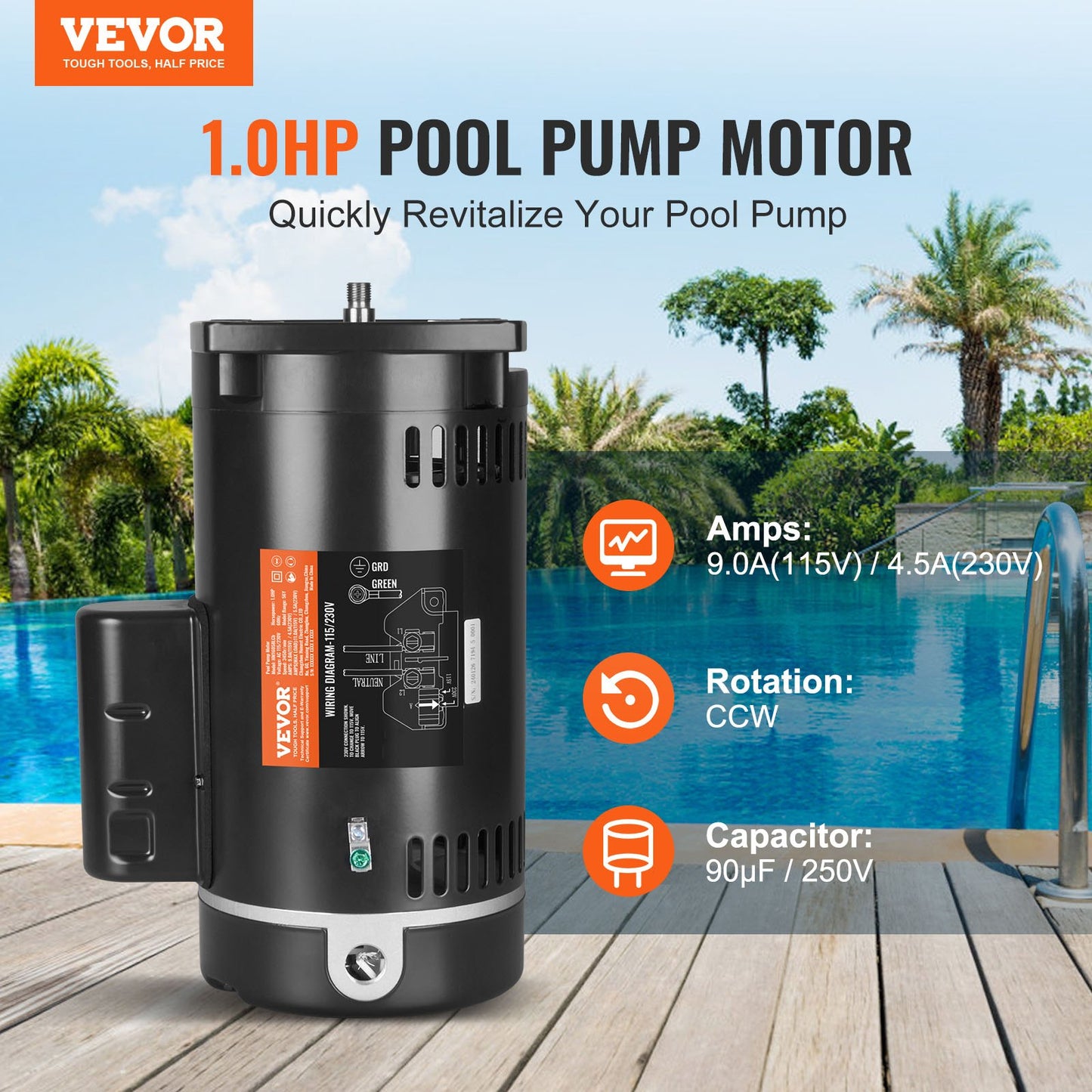 1 HP Pool Pump Motor, 56Y Frame, 115V(9 Amps)/230V(4.5 Amps) 3450RPM, 60Hz, 1.25 Service Factor, 90μF/250V Capacitor, CCW Rotation Square Flange Replacement Motor