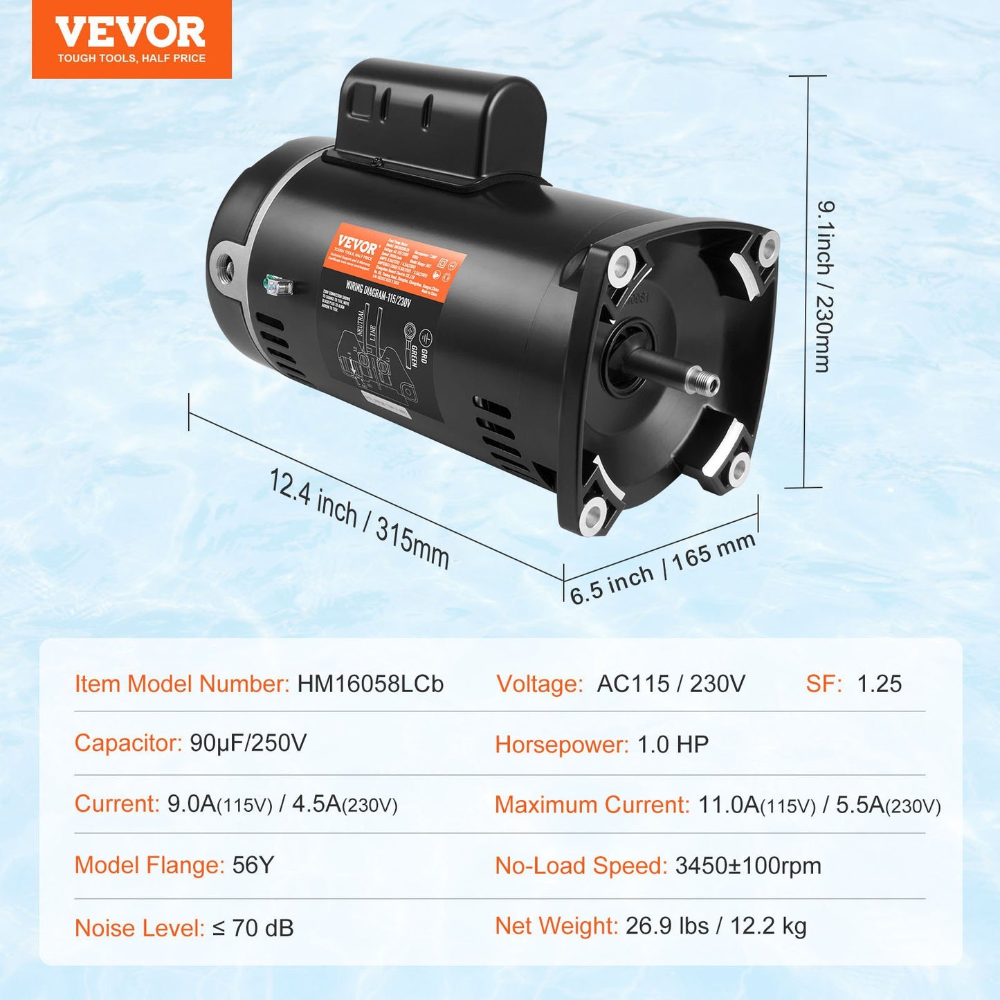 1 HP Pool Pump Motor, 56Y Frame, 115V(9 Amps)/230V(4.5 Amps) 3450RPM, 60Hz, 1.25 Service Factor, 90μF/250V Capacitor, CCW Rotation Square Flange Replacement Motor