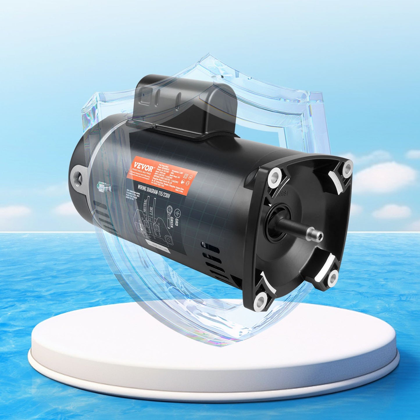 1 HP Pool Pump Motor, 56Y Frame, 115V(9 Amps)/230V(4.5 Amps) 3450RPM, 60Hz, 1.25 Service Factor, 90μF/250V Capacitor, CCW Rotation Square Flange Replacement Motor