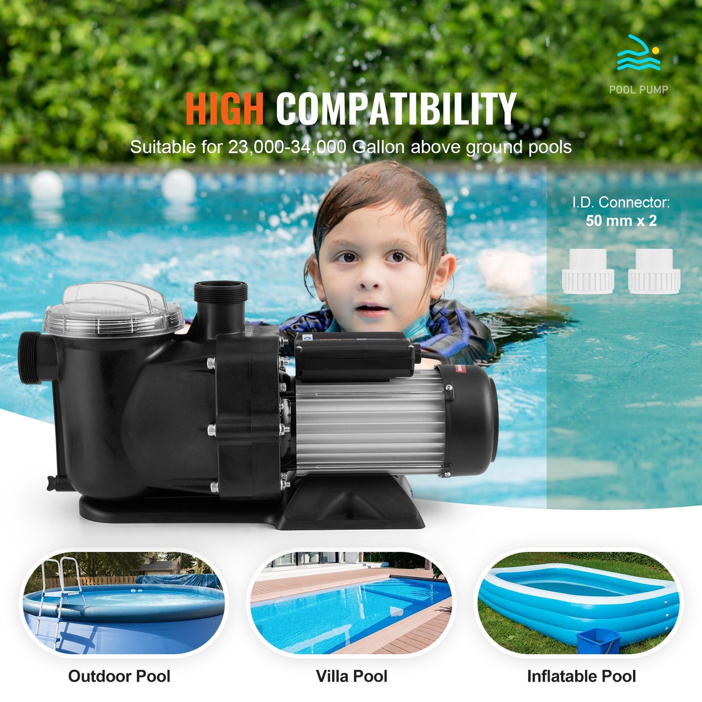 Above Ground Pool Pump, 1118W(1.5HP), 378 L/min((100 GPM) Max. Flow Single Speed Swimming Pool Pump, 220V 2850RPM 15M Max. Head Lift Pool Pump with Filter Basket, for Above Ground Pools Hot Tubs Spas, UL Certified