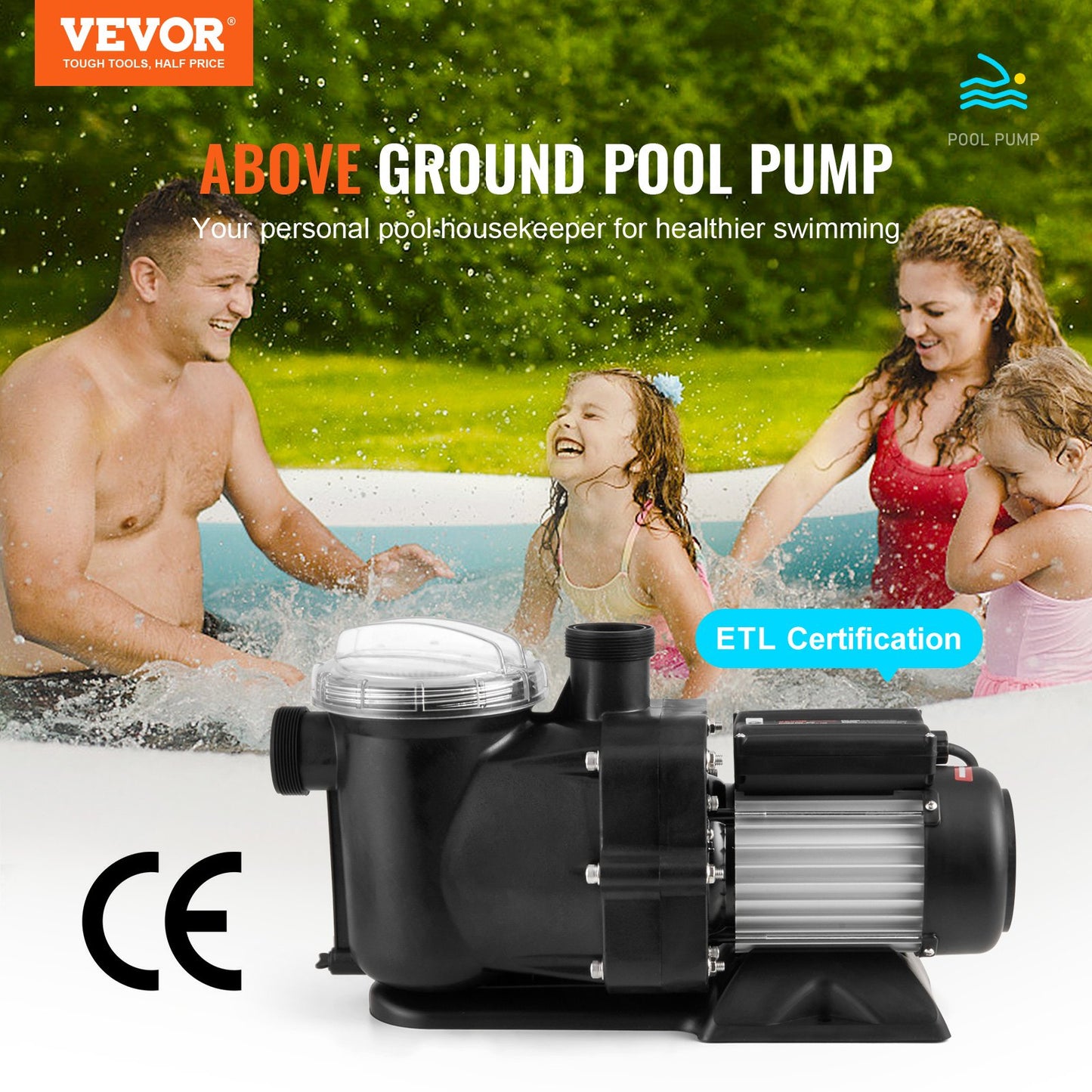 Above Ground Pool Pump, 1491W(2 HP), 435 L/min(115 GPM) Max. Flow Single Speed Swimming Pool Pump, 220V 2850RPM 15M Max. Head Lift Pool Pump with Filter Basket, for Above Ground Pools Hot Tubs Spas, UL Certified