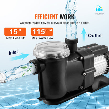 Above Ground Pool Pump, 1491W(2 HP), 435 L/min(115 GPM) Max. Flow Single Speed Swimming Pool Pump, 220V 2850RPM 15M Max. Head Lift Pool Pump with Filter Basket, for Above Ground Pools Hot Tubs Spas, UL Certified