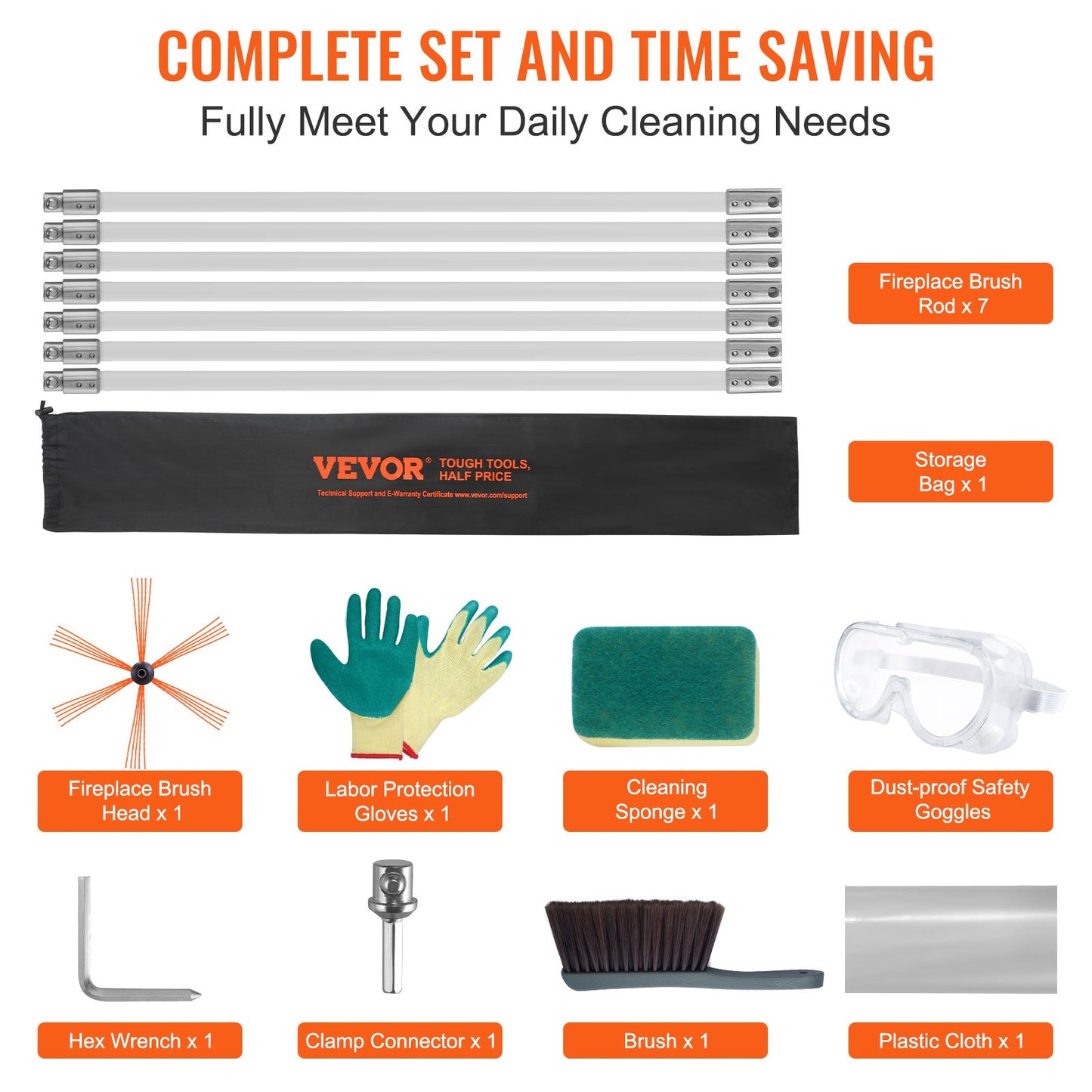 7 m Schornsteinreinigungsset mit 7 verstärkten, flexiblen Nylonstäben, ergonomischer Schornsteinreinigungsbürste, 360°-Schornsteinbürste, umfangreiches Zubehör für Kaminabzüge im Haushalt. Passend für die meisten Rohre.