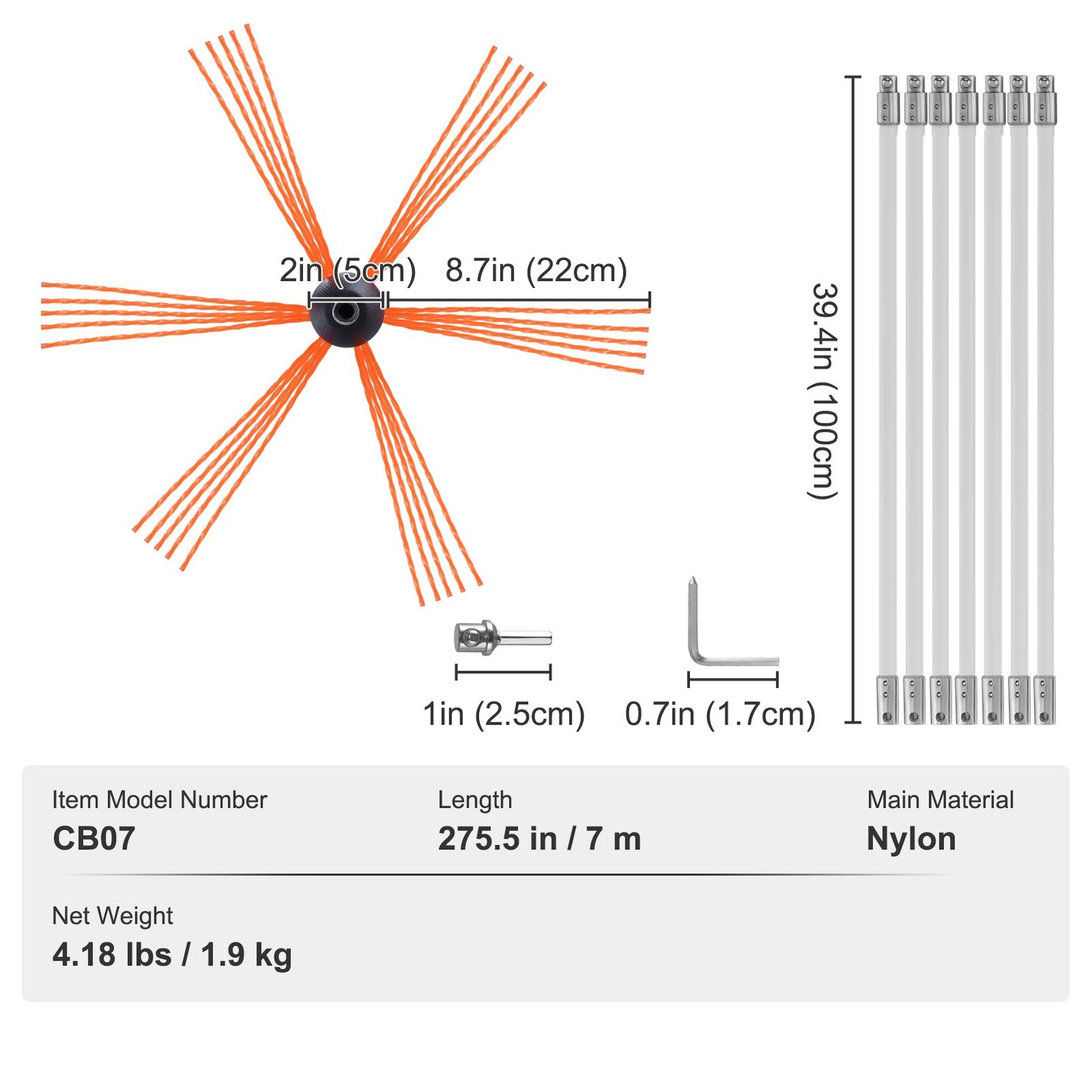 7 m Schornsteinreinigungsset mit 7 verstärkten, flexiblen Nylonstäben, ergonomischer Schornsteinreinigungsbürste, 360°-Schornsteinbürste, umfangreiches Zubehör für Kaminabzüge im Haushalt. Passend für die meisten Rohre.
