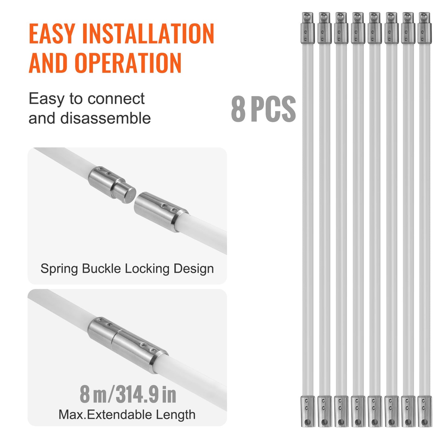 8 m Schornsteinreinigungsset mit 8 verstärkten, flexiblen Nylonstäben, ergonomischer Schornsteinreinigungsbürste, 360°-Schornsteinbürste, umfangreiches Zubehör für Kaminabzüge im Haushalt. Passend für die meisten Rohre.