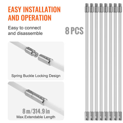 8 m Schornsteinreinigungsset mit 8 verstärkten, flexiblen Nylonstäben, ergonomischer Schornsteinreinigungsbürste, 360°-Schornsteinbürste, umfangreiches Zubehör für Kaminabzüge im Haushalt. Passend für die meisten Rohre.
