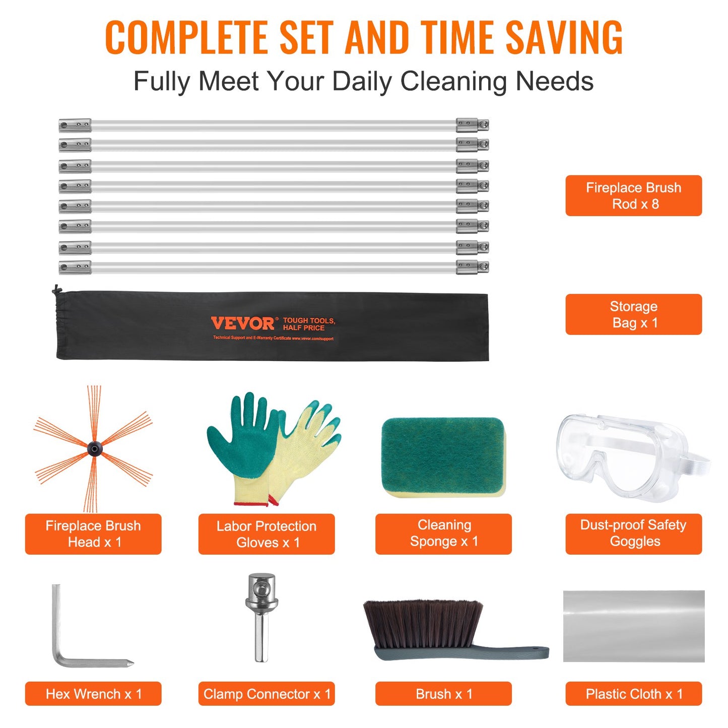 8 m Schornsteinreinigungsset mit 8 verstärkten, flexiblen Nylonstäben, ergonomischer Schornsteinreinigungsbürste, 360°-Schornsteinbürste, umfangreiches Zubehör für Kaminabzüge im Haushalt. Passend für die meisten Rohre.