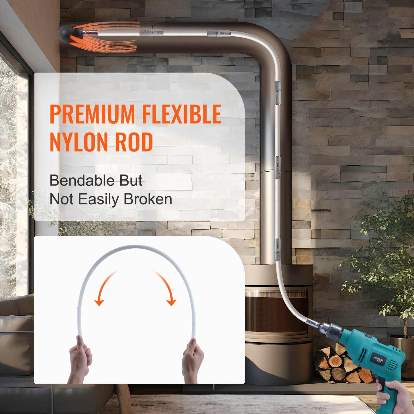 9 m Schornsteinreinigungsset mit 9 verstärkten, flexiblen Nylonstäben, ergonomischer Schornsteinreinigungsbürste, 360°-Schornsteinbürste, umfangreiches Zubehör für Kaminabzüge im Haushalt. Passend für die meisten Rohre.