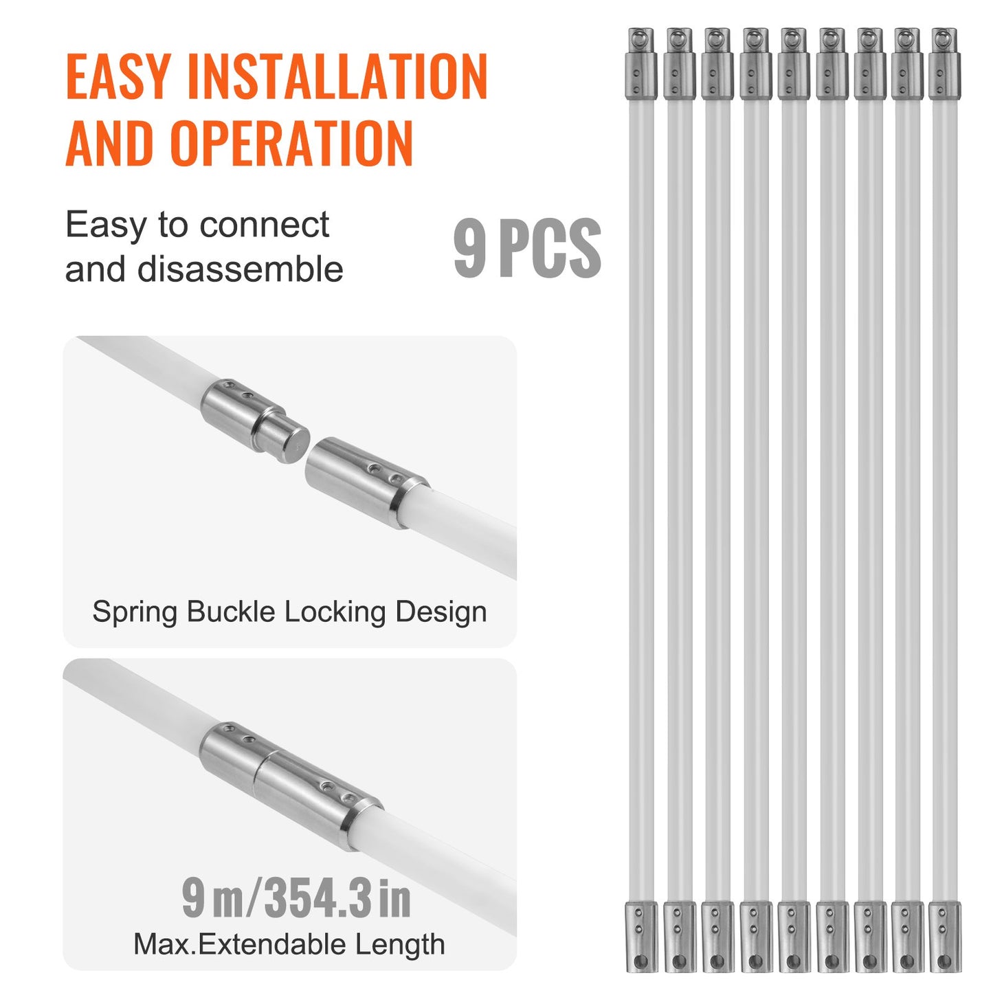 9 m Schornsteinreinigungsset mit 9 verstärkten, flexiblen Nylonstäben, ergonomischer Schornsteinreinigungsbürste, 360°-Schornsteinbürste, umfangreiches Zubehör für Kaminabzüge im Haushalt. Passend für die meisten Rohre.