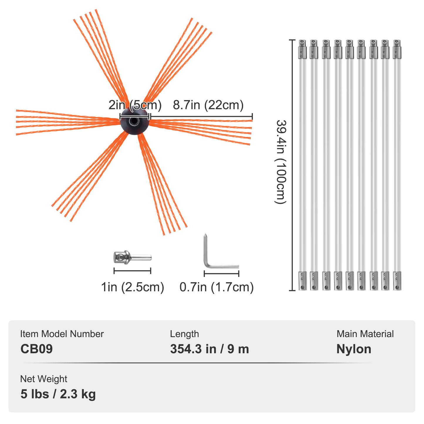 9 m Schornsteinreinigungsset mit 9 verstärkten, flexiblen Nylonstäben, ergonomischer Schornsteinreinigungsbürste, 360°-Schornsteinbürste, umfangreiches Zubehör für Kaminabzüge im Haushalt. Passend für die meisten Rohre.