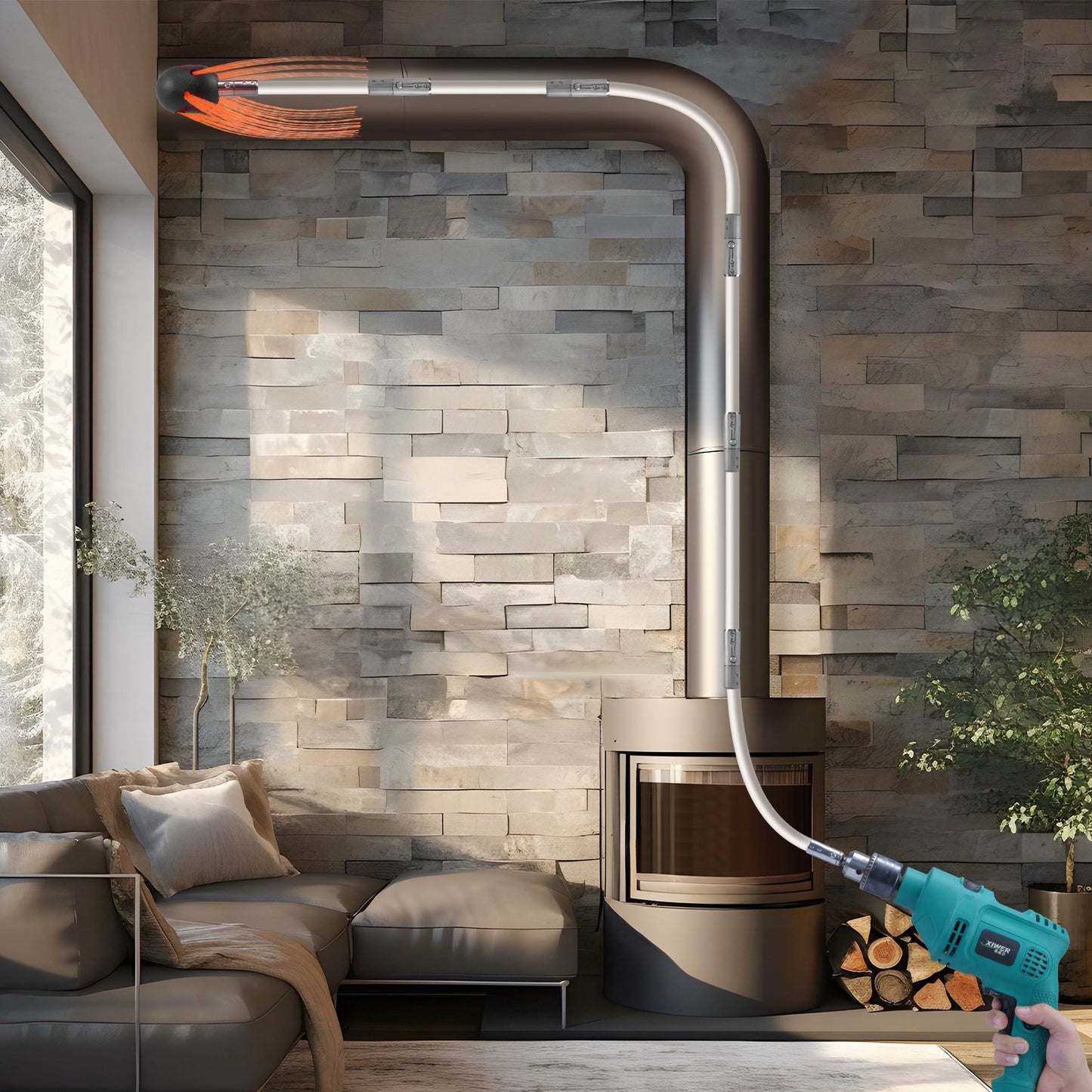 9 m Schornsteinreinigungsset mit 9 verstärkten, flexiblen Nylonstäben, ergonomischer Schornsteinreinigungsbürste, 360°-Schornsteinbürste, umfangreiches Zubehör für Kaminabzüge im Haushalt. Passend für die meisten Rohre.