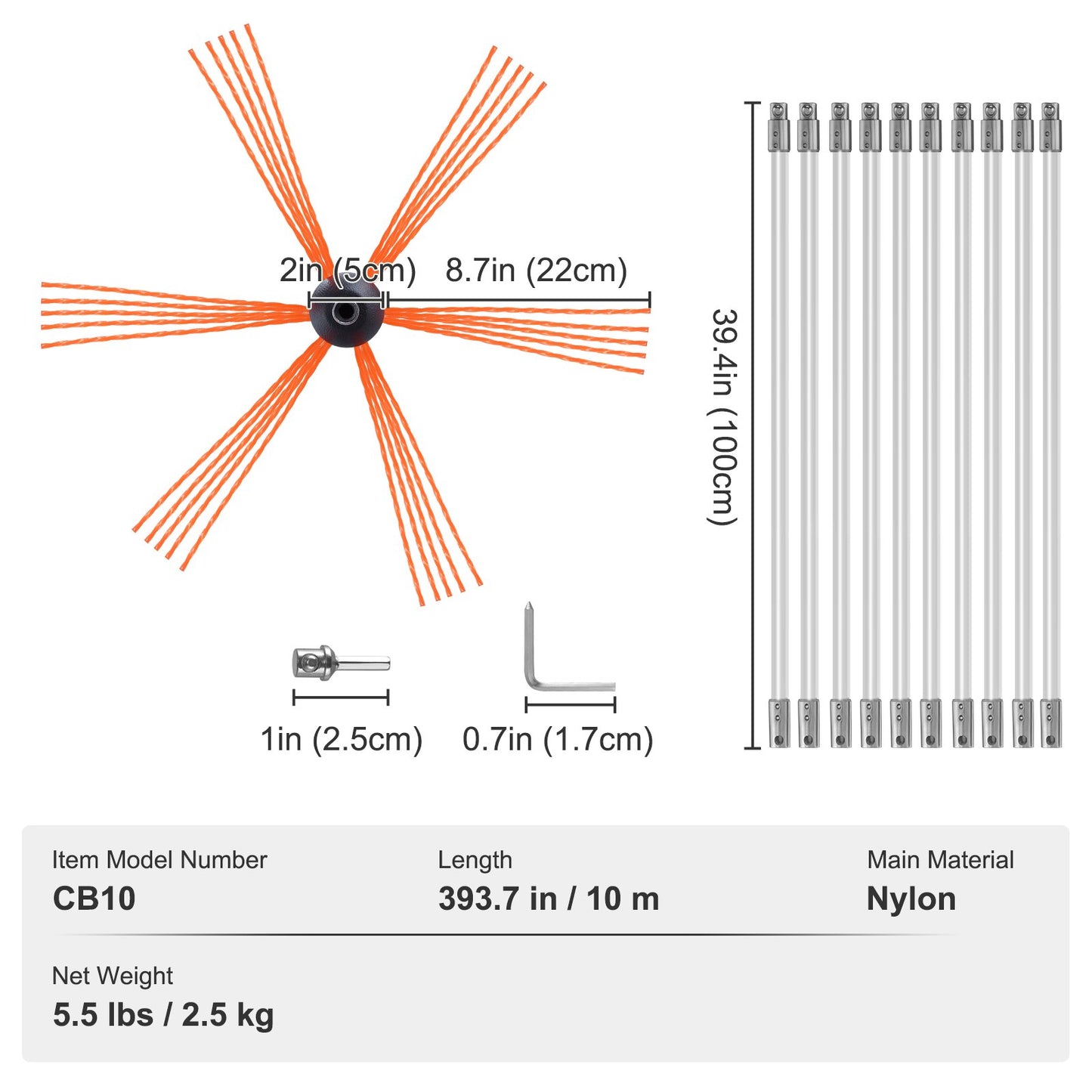 10 m Schornsteinreinigungsset mit 10 verstärkten, flexiblen Nylonstäben, ergonomischer Schornsteinreinigungsbürste, 360°-Schornsteinbürste, umfangreiches Zubehör für Kaminabzüge im Haushalt. Passend für die meisten Rohre.