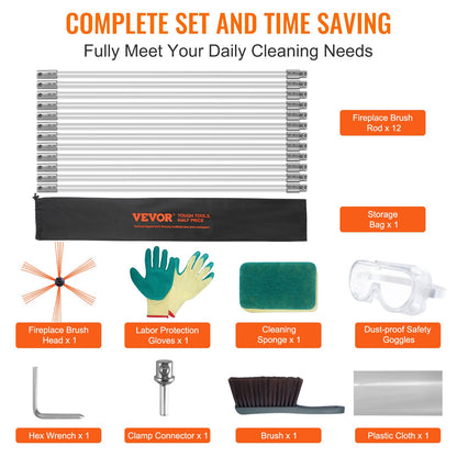 12 m Schornsteinreinigungsset mit 12 verstärkten, flexiblen Nylonstäben, ergonomischer Schornsteinreinigungsbürste, 360°-Schornsteinbürste, umfangreiches Zubehör für Kaminabzüge im Haushalt. Passend für die meisten Rohre.