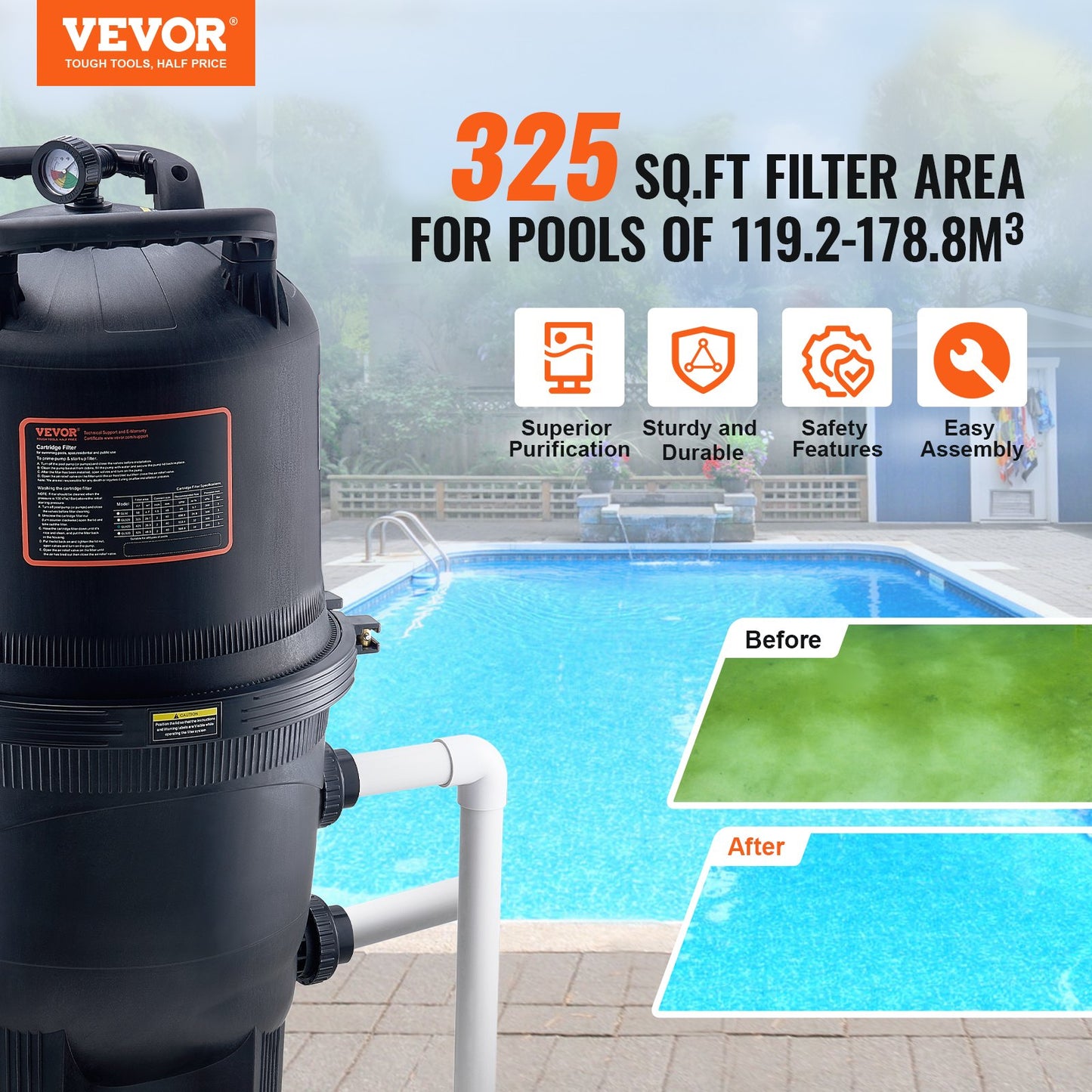 Cartridge Pool Filter, 30 Sq.m Filter Area Inground Pool Filter, Above Ground Swimming Pool Filtration Filter System with Upgrade Filter &Leak-proof, for Hot Tubs, Spa, Inflatable Pool