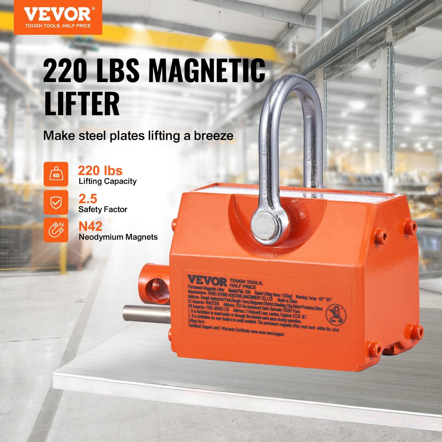 Magnetic Lifter, 220 lbs/100 kg Pulling Capacity, 2.5 Safety Factor, Neodymium & Steel, Lifting Magnet with Release, Permanent Lift Magnets, Heavy Duty Magnet for Hoist, Shop Crane, Block, Board