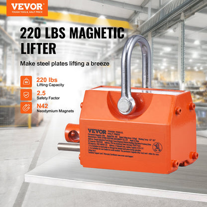 Magnetic Lifter, 220 lbs/100 kg Pulling Capacity, 2.5 Safety Factor, Neodymium & Steel, Lifting Magnet with Release, Permanent Lift Magnets, Heavy Duty Magnet for Hoist, Shop Crane, Block, Board