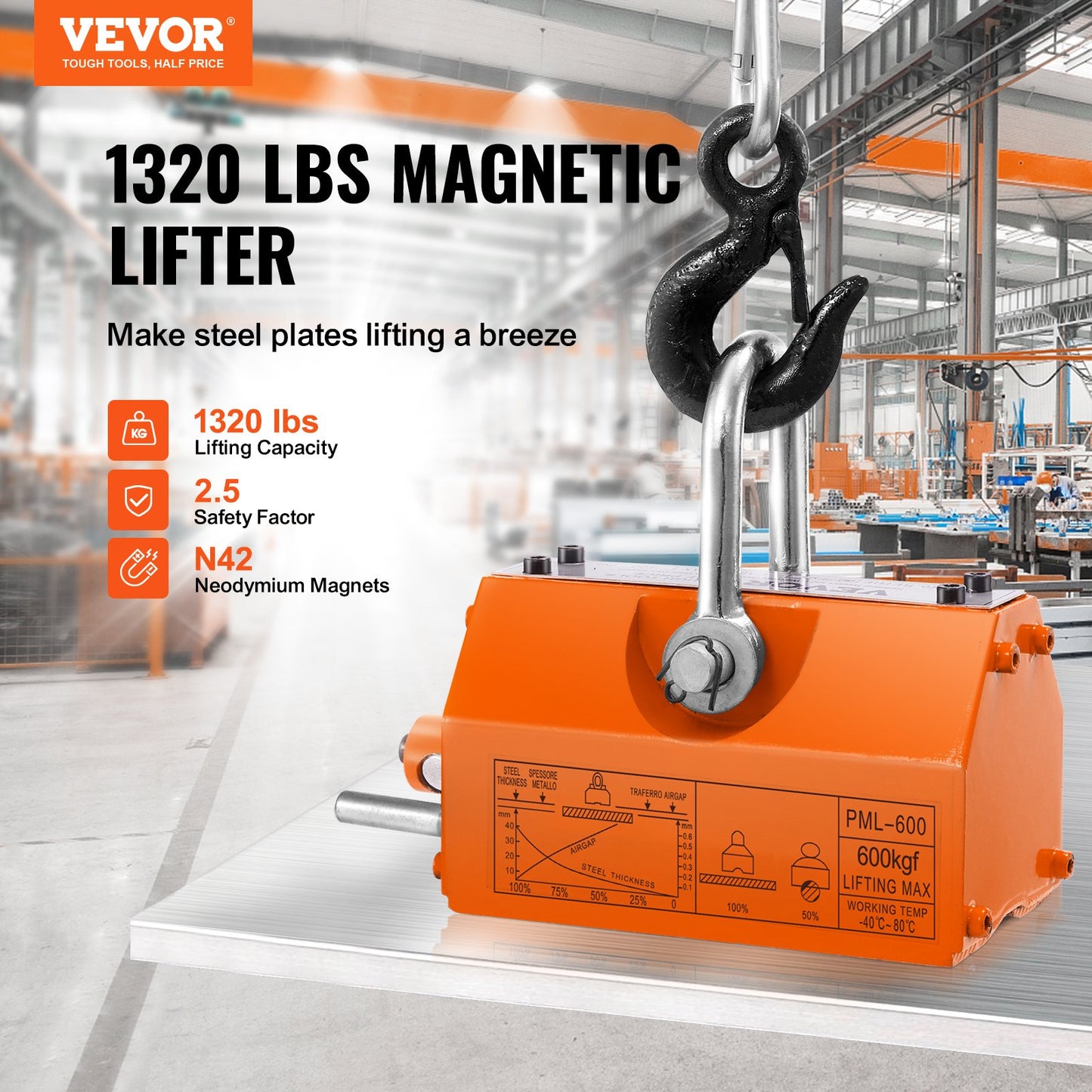 Magnetic Lifter, 1320 lbs/600kg Pulling Capacity, 2.5 Safety Factor, Neodymium & Steel, Lifting Magnet with Release, Permanent Lift Magnets, Heavy Duty Magnet for Hoist, Shop Crane, Block, Board