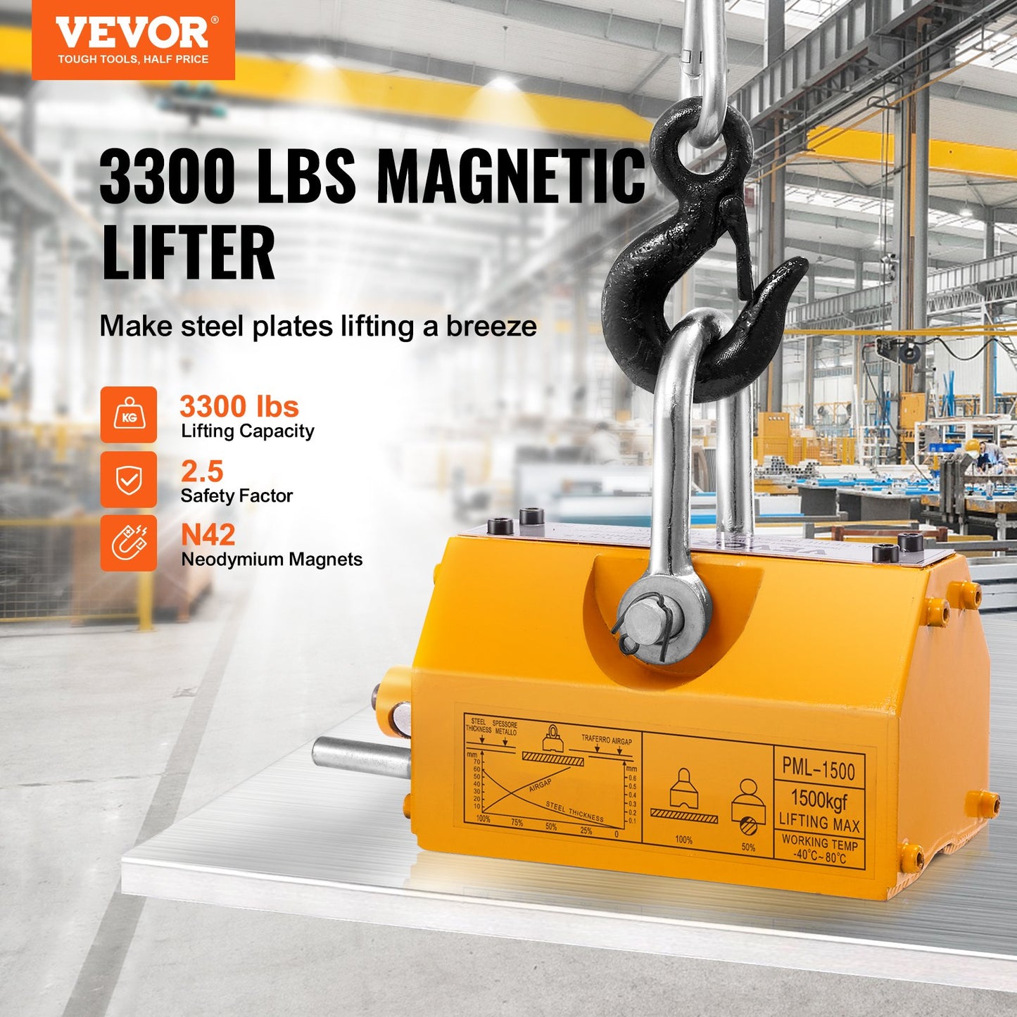 Magnetic Lifter, 3300lbs/1500kg Pulling Capacity, 2.5 Safety Factor, Neodymium & Steel, Lifting Magnet with Release, Permanent Lift Magnets, Heavy Duty Magnet for Hoist, Shop Crane, Block, Board