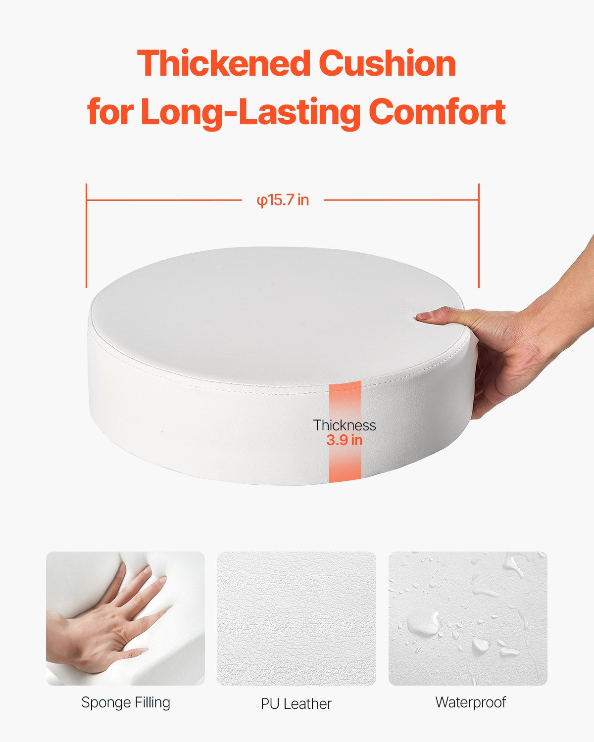 Rollhocker mit Rollen, Tragkraft 204 kg, runder Rollhocker mit verstellbarer Höhe, drehbar, aus dickem PU-Leder, für Salon, Spa, Massage, Tattoo-Studio, Klinik, Weiß