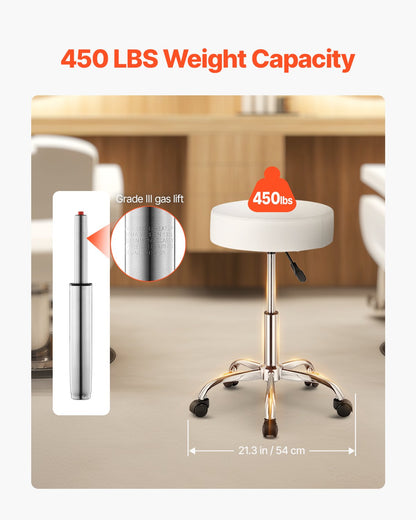 Rollhocker mit Rollen, Tragkraft 204 kg, runder Rollhocker mit verstellbarer Höhe, drehbar, aus dickem PU-Leder, für Salon, Spa, Massage, Tattoo-Studio, Klinik, Weiß