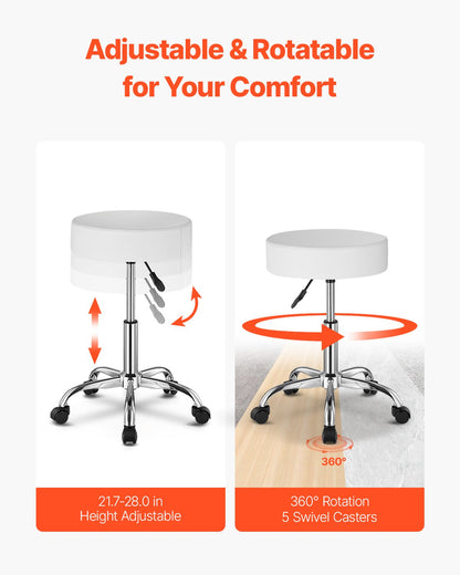 Rollhocker mit Rollen, Tragkraft 204 kg, runder Rollhocker mit verstellbarer Höhe, drehbar, aus dickem PU-Leder, für Salon, Spa, Massage, Tattoo-Studio, Klinik, Weiß