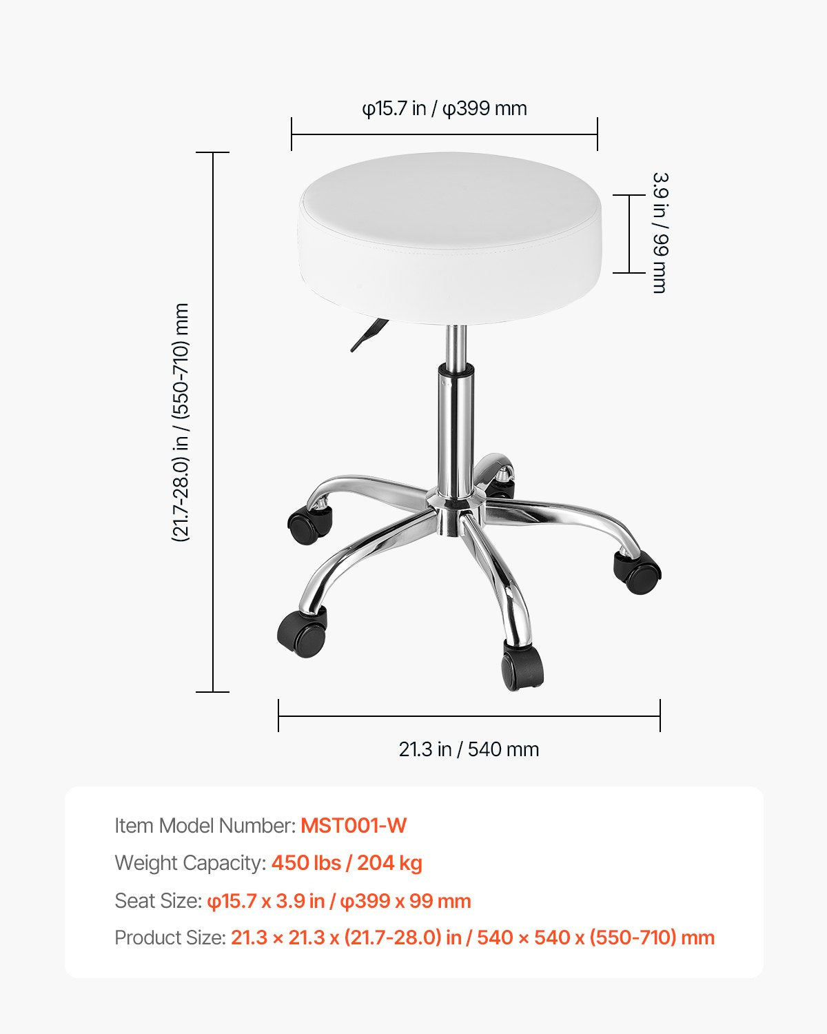 Rollhocker mit Rollen, Tragkraft 204 kg, runder Rollhocker mit verstellbarer Höhe, drehbar, aus dickem PU-Leder, für Salon, Spa, Massage, Tattoo-Studio, Klinik, Weiß