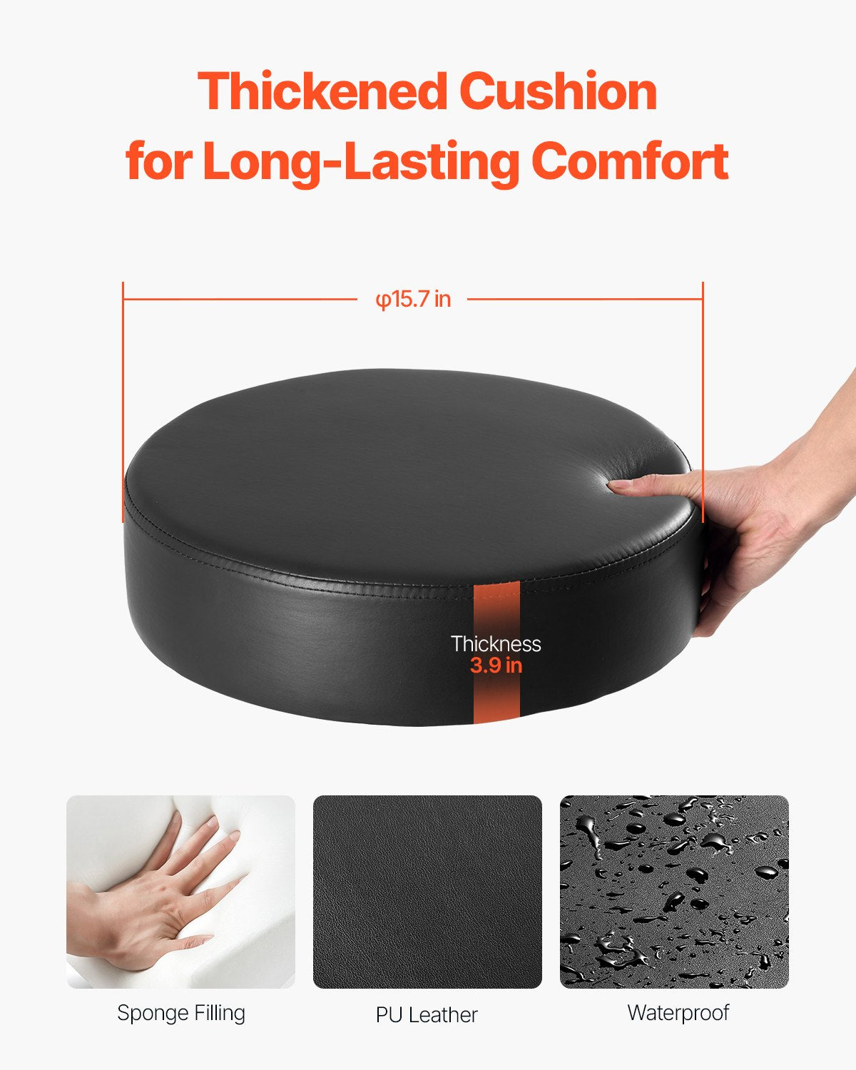 Rolling Stool with Wheels, 450 LBS Weight Capacity Round Rolling Stool Chair, Height Adjustable Thickened PU Leather Swivel Stool for Salon, Spa, Massage, Tattoo, Clinic, Black